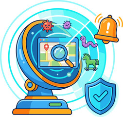 Naklejka premium Cybersecurity and digital threat monitoring concept with globe radar, malware icons, alarm bell, and security shield