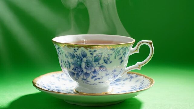 Steaming vintage cup of tea on a saucer with delicate floral pattern against a vibrant green background.