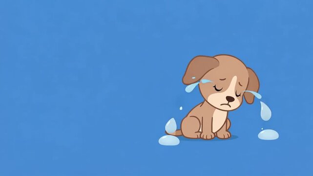 Sad puppy crying with tears on its face. Cartoon illustration of a lonely dog feeling unhappy and depressed. Design element for emotional expressiveness and animal care concept.