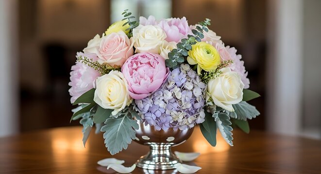 Beautiful floral arrangement with pastel hydrangeas and pink peonies