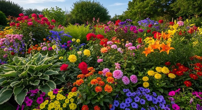 Vibrant colorful flower garden blooming during a sunny summer day