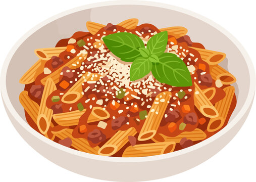 Bowl of penne pasta with meat sauce and basil
