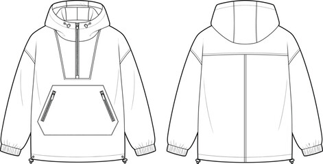 Men's Hooded Anorak Pullover Jacket Technical Flat Sketch Front and Back © ABDUL
