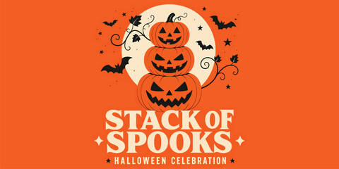 Halloween celebration poster with a stack of three spooky jackolantern pumpkins, bats, and stars on an orange background © PixelAura_Studio