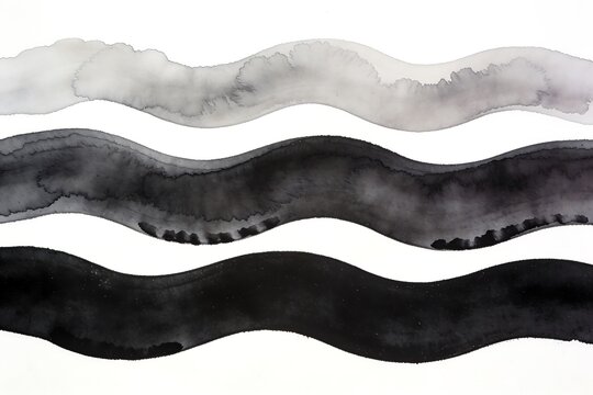 Monochrome ink waves flowing in layered bands from soft gray to deep black tones