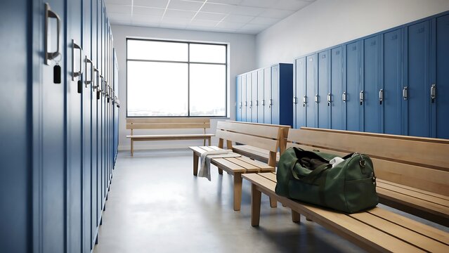 Locker room with blue storage lockers wooden benches and sports bag indoors