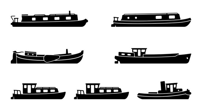 Set of Six Narrowboat Silhouettes, Canal Boat Vector Icons, Water Transport Collection, River Barge Graphics