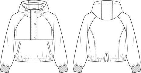 Women's Cropped Hooded Anorak Jacket Technical Flat Sketch Front and Back © ABDUL