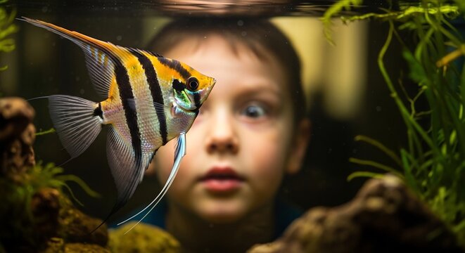 young boy with wide eyes looking at a beautiful angelfish in aquarium