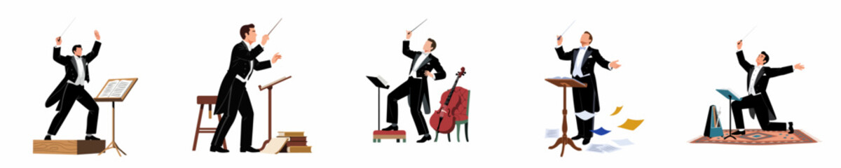 Set of male orchestra conductor characters in formal tailcoats with batons and musical equipment, isolated on white background. © Maya