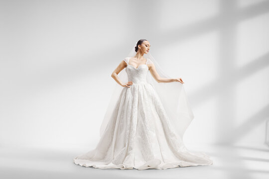 Elegant bride posing in a luxury sparkling wedding dress