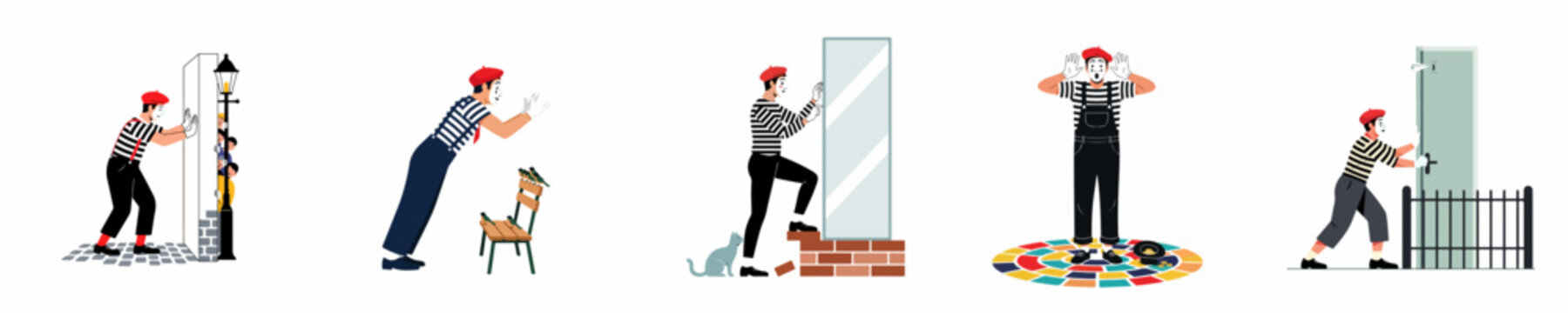 A collection of five illustrations featuring a mime artist performing various pantomime acts like pushing a wall, interacting with birds, and more.
