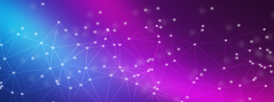 Abstract blue and purple digital network technology background with connected dots and lines