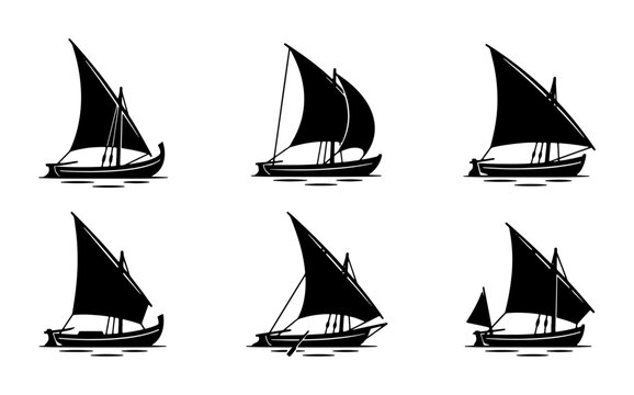 Dhow Boat Vector Icons Set, Traditional Sailing Vessels, Maritime Transportation Graphics, Nautical Journey Illustrations