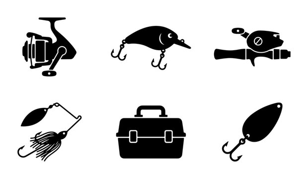 Fishing Gear Icons Set: Reel, Lure, Rod, Tackle Box, Spinner, Spoon Lure Vector Graphics for Angling and Outdoor Recreation