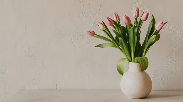 A beautiful bouquet of pink tulips in a white vase
