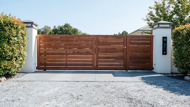 Modern wooden driveway gate with white walls and landscaped entrance