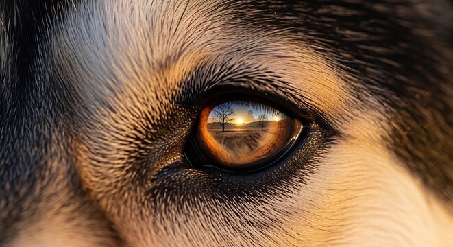 wolf eye close up with a vivid reflection of a golden sunrise landscape
