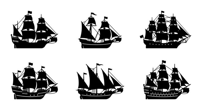 Vintage Sailing Ships Vector Set, Nautical Vessels Collection, Maritime Transportation Icons, Historical Galleon Silhouettes, Black and White Naval Craft Graphics