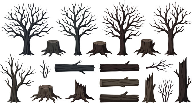 Leafless Tree Stump Log Collection Forest Vector Illustration Design Resource Bundle