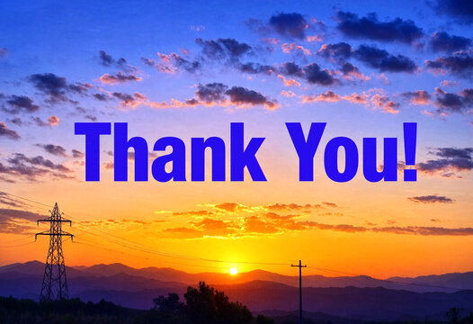 Beautiful sunset sky with power lines and thank you text overlay for appreciation messages