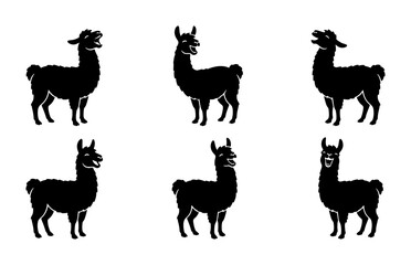 Obraz premium Six Black Llama Silhouettes, Vector Icons Set, Cute Animal Graphics for Design Projects, South American Camelid Illustrations