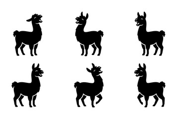 Obraz premium Six Black Silhouette Llamas, Vector Icons Set, Cute Animal Graphics for Design Projects, Farm and Wildlife Illustrations