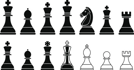 Chess Pieces Vector Icon Set with Black and White Board Game Symbols for Strategy Success and Business Concepts © Art by Chandon