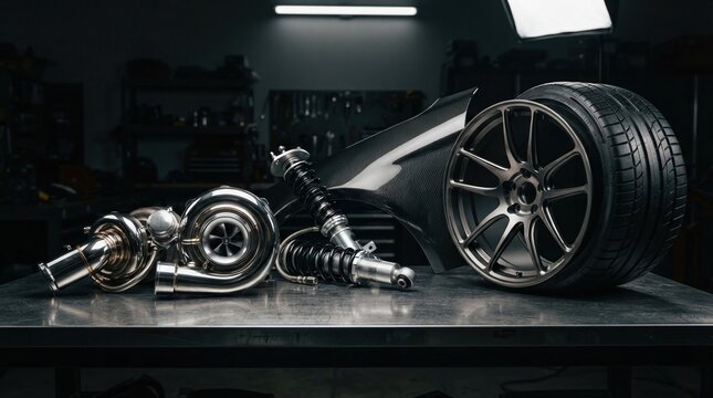 Concept of future automotive customization: polished turbocharger, coilover suspension, forged wheel rim, carbon-fiber fender, and performance tire tread arranged on a brushed-metal table, dramatic