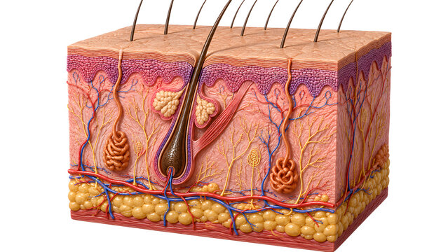 Cross section of human skin anatomy showing hair follicle, sebaceous glands, and layers of the epidermis and dermis