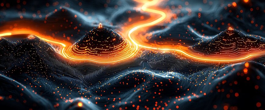 Abstract fiery landscape, glowing cityscapes