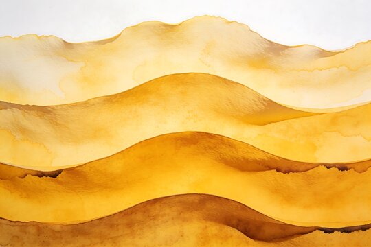 Golden watercolor waves layered like abstract desert dunes flowing across textured paper