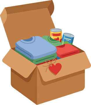 Donation box with clothes and canned food