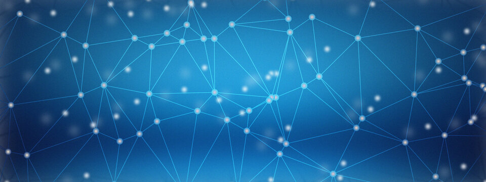 Abstract blue and purple digital network technology background with glowing connected nodes