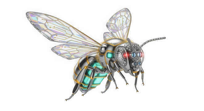 A detailed illustration of a mechanical robotic bee with glowing blue and red eyes isolated on transparent background
