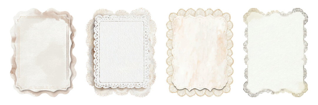 Collection of blank vintage layered paper frames with ornate lace borders, creating elegant textured backgrounds for labels, cards, or messages