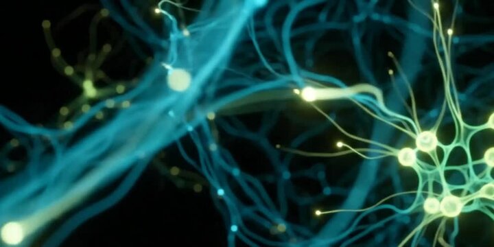 Neurons connect in a complex neural network to transmit electrical impulses through the brain.