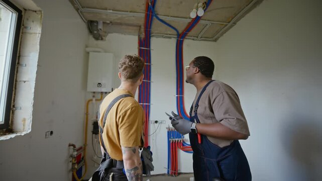 African American young adult plumber holding tablet and explaining pipe installation to Caucasian young adult colleague during home renovation. Footage ideal for construction services marketing