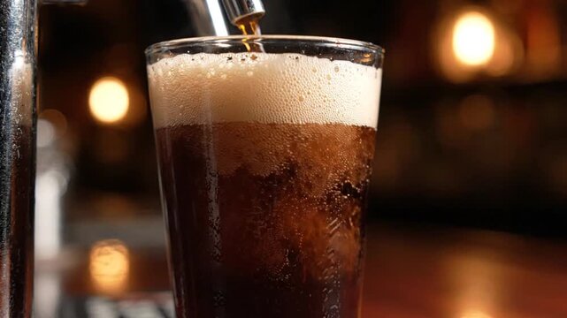 Close-up of dark soda being poured into a glass, creating foam, bar background