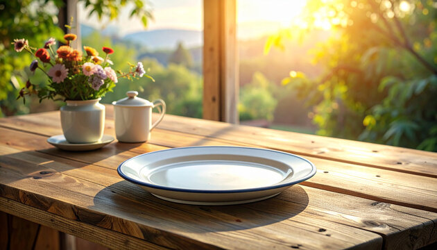 Rustic Wooden Table with Plate in Garden