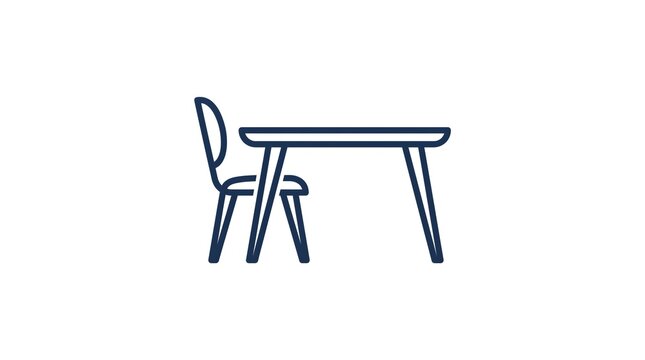 Simple vector line art icon of a modern wooden dining table and a single chair, isolated on a white background