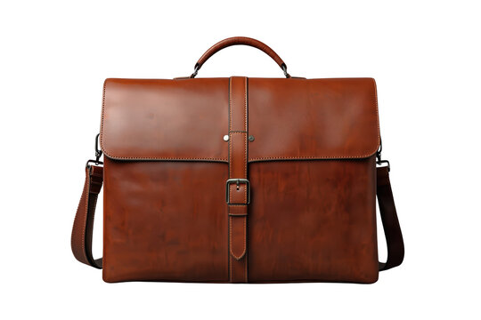 Structured brown leather messenger bag with front buckle