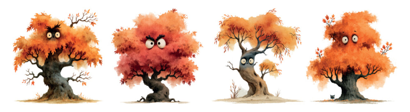 Whimsical autumn trees with monster eyes illustrating different emotions from frightened and angry to confused, representing spooky halloween characters