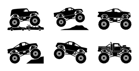 Monster Truck Icons, Off-Road Vehicle Silhouettes, Extreme Sports Trucks, Vector Set for Automotive Graphics and Adventure Themes © Farzana