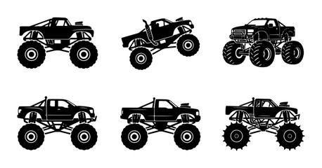Monster Truck Vector Icons Set, Off-Road Vehicle Silhouettes, Extreme Sports Trucks, Rugged 4x4 Automotive Graphics, Powerful Pickup Truck Designs © Farzana
