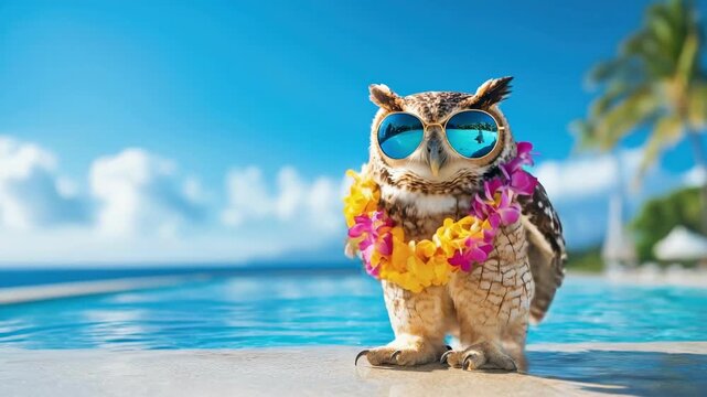 Owl with sunglasses and lei in tropical paradise by poolside on bright day
