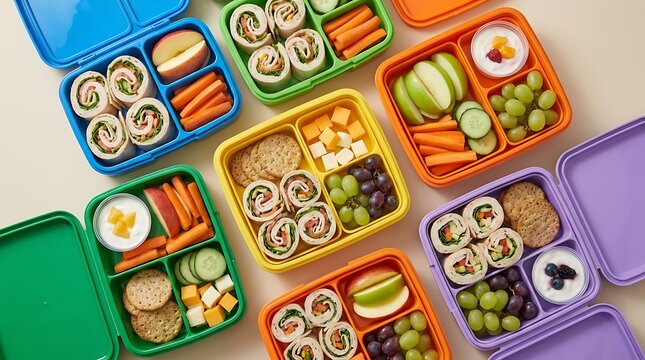 Colorful bento lunch boxes with healthy snacks and fresh food for school or office. nut free meal plan