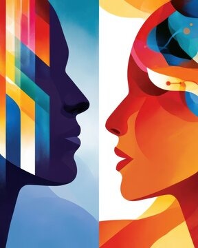 Colorful dual profiles facing each other representing human and AI contrast and creative dialogue