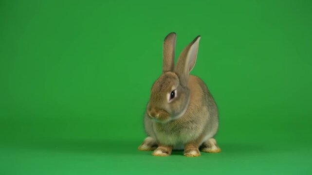 Adorable bunny rabbit sitting on green screen background with subtle head movements during a gentle zoom out