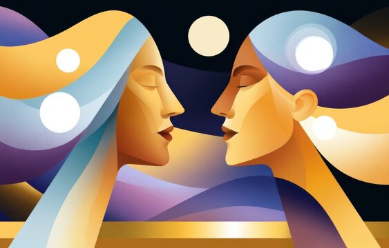 Two stylized profiles facing each other in an abstract colorful portrait about connection and balance